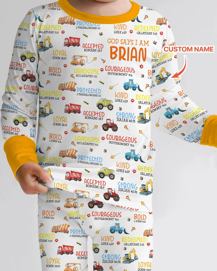 Personalized God Says I Am Little Builder Bamboo Two Piece Long Sleeve Pajama Set