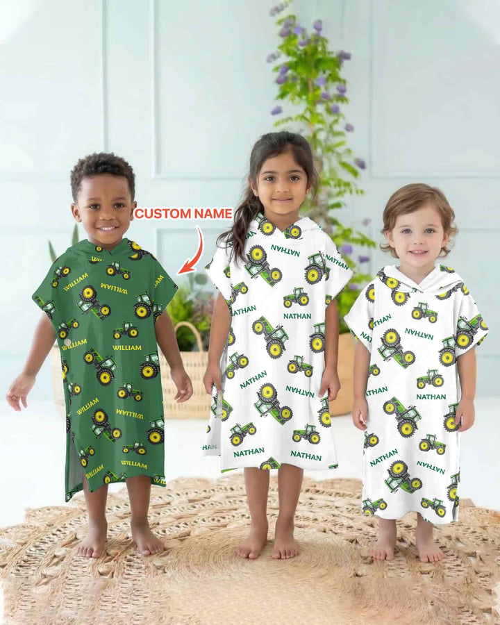 Custom Name Green Tractors Matching Daddy & Me Bamboo Swim Poncho