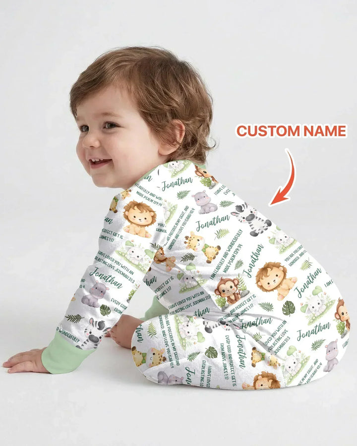 Custom Name Bible Verse Safari Animal Bamboo Two Piece Long Sleeve Pajama Set