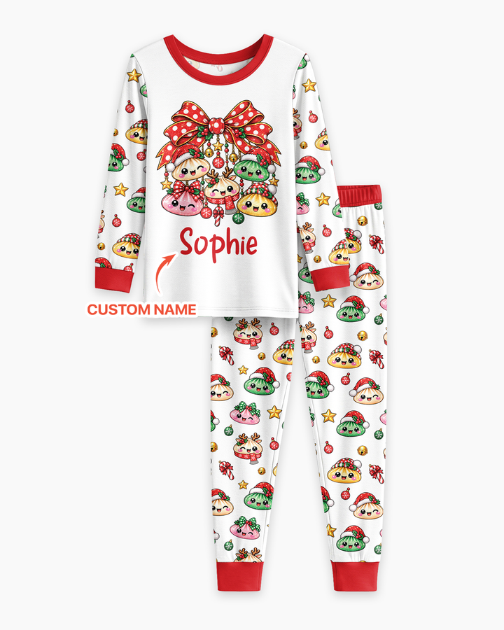 Custom Name Christmas Dumpling The Bow Bamboo Two Piece Long Sleeve Pajama Set
