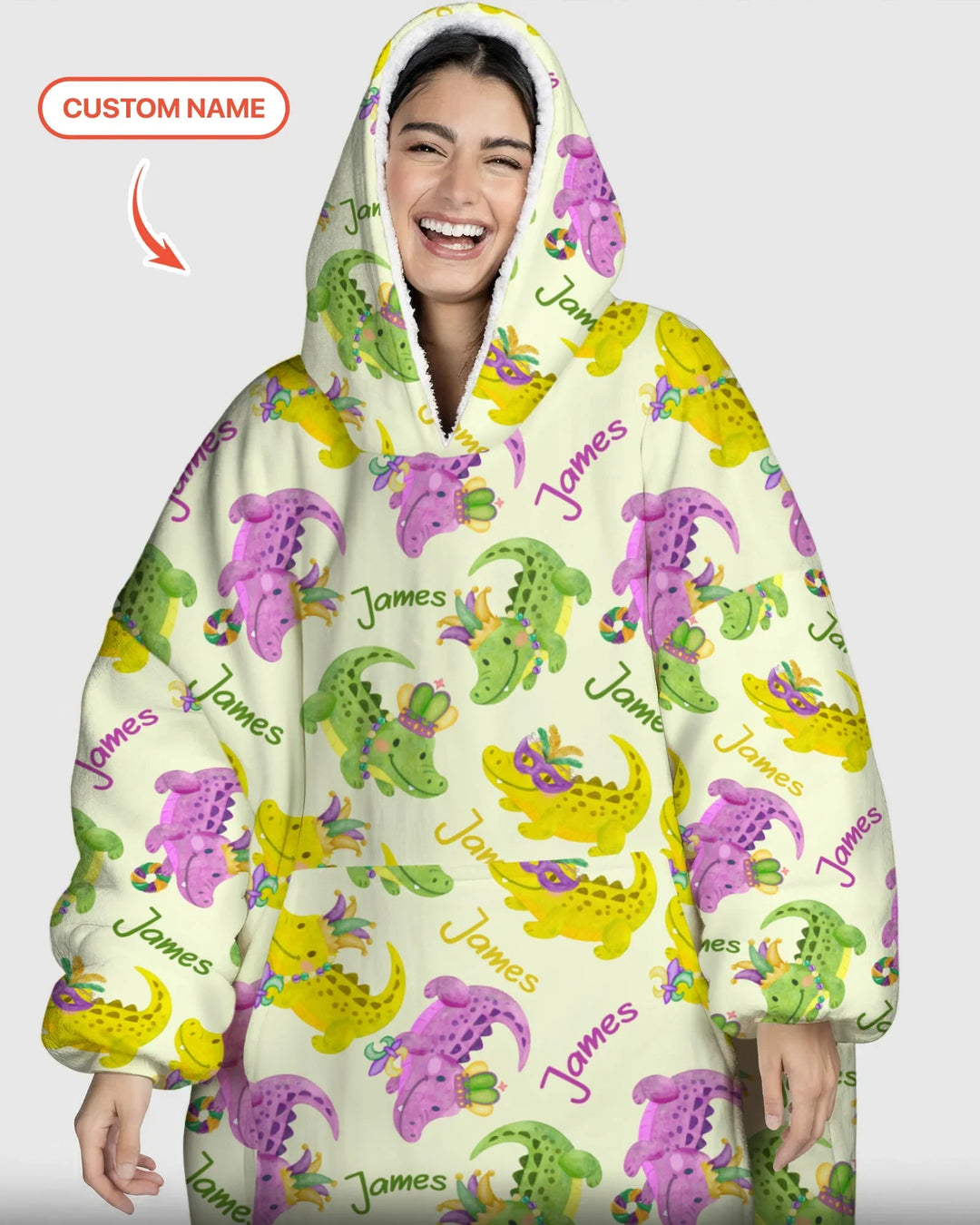 Custom Name Mardi Gras Alligator Wearable Bamboo Blanket Hoodie