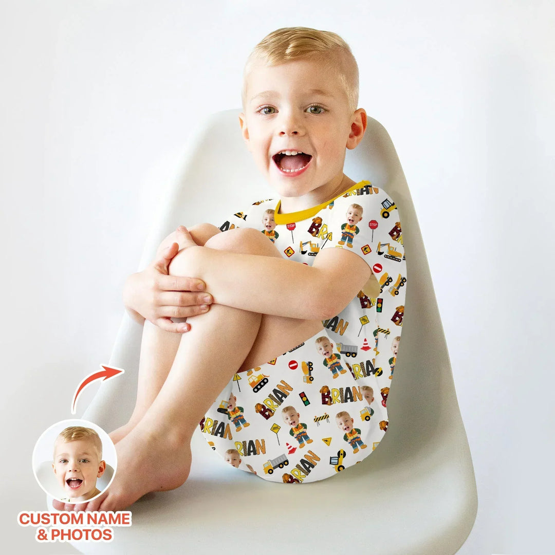 Custom Photo Doodle Little Builder Bamboo Two Piece Short Sleeve Shorts Pajama Set