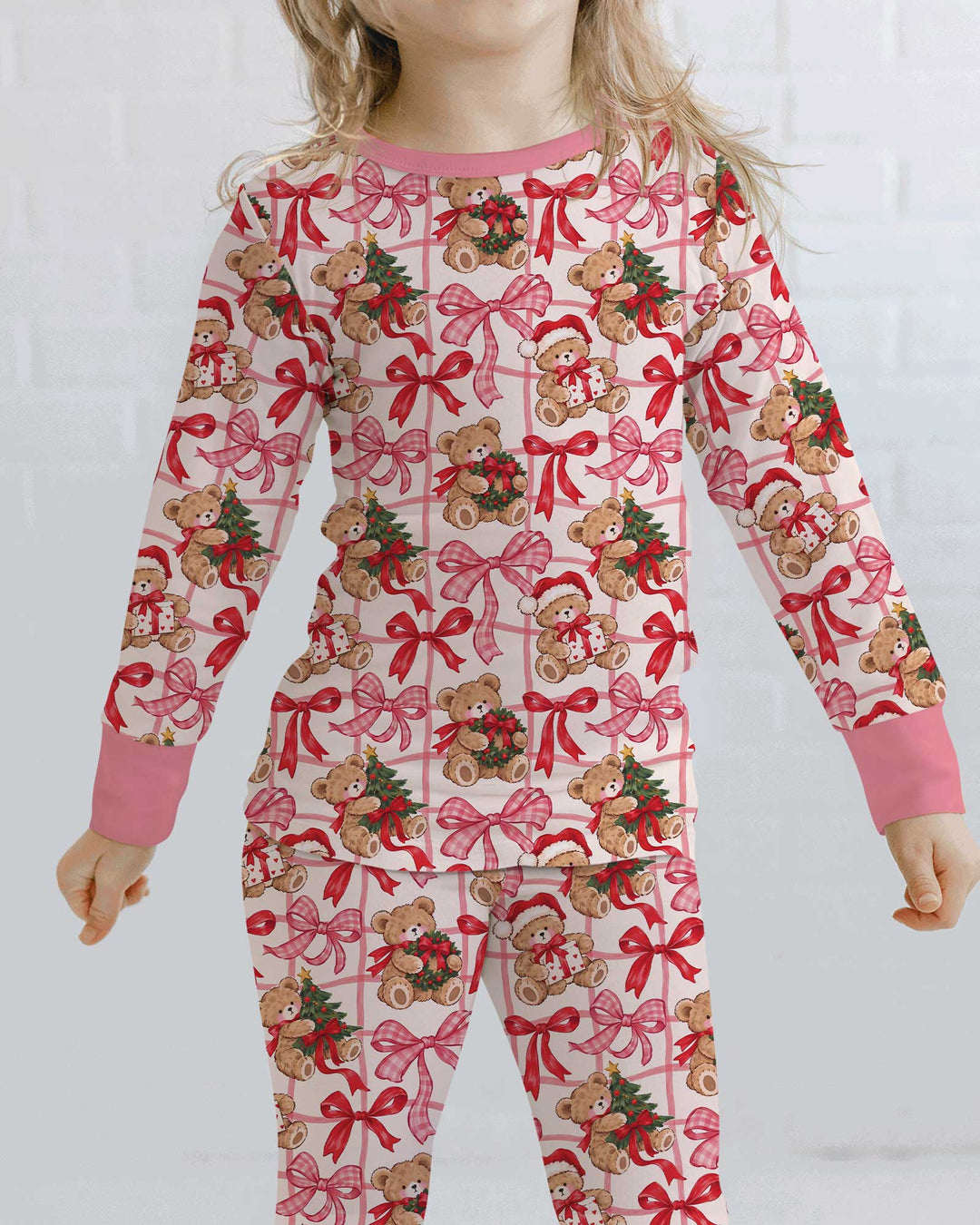 Pink Christmas Teddy Bear Plaid Mommy & Me Matching Bamboo Two Piece Long Sleeve Pajama Set