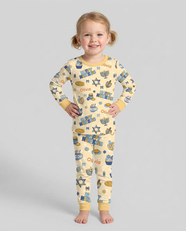 Custom Name Jewish Holiday Bamboo Two Piece Long Sleeve Pajama Set
