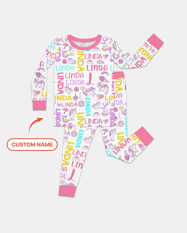 Personalized Fantasy Unicorn Word Bamboo Two Piece Long Sleeve Pajama Set