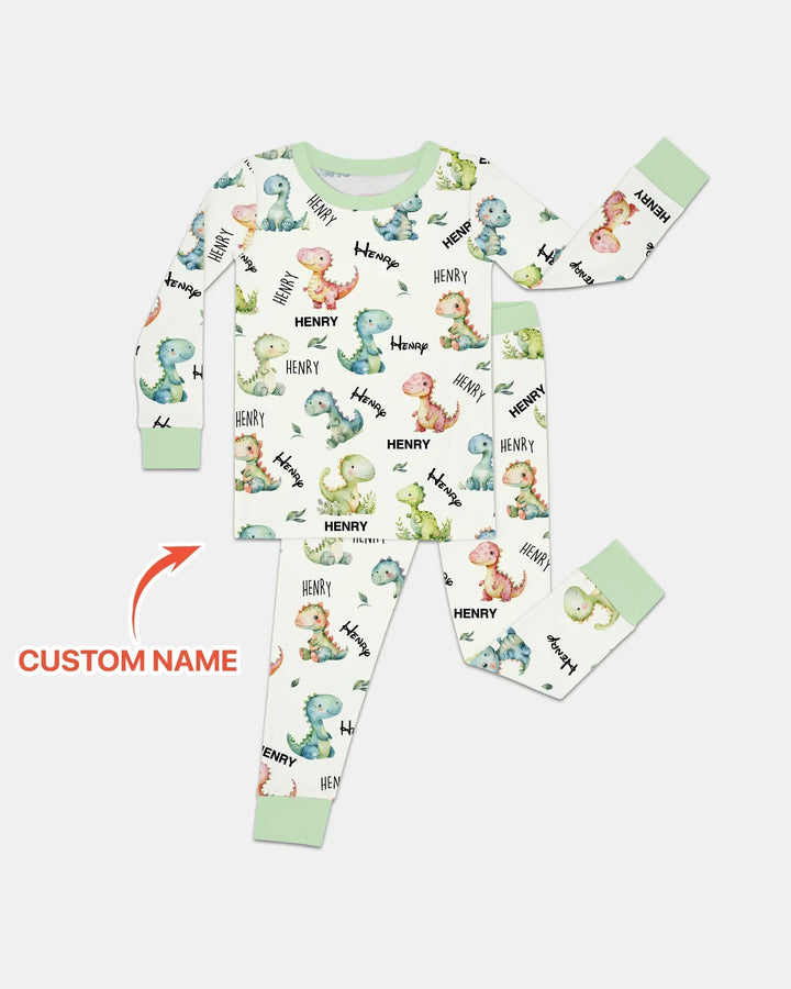 Dinosaur Custom Name Bamboo Two Piece Long Sleeve Pajama Set