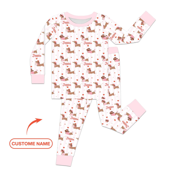 Custom Name Valentine Dachshund Family Matching Bamboo Two Piece Long Sleeve Pajama Set
