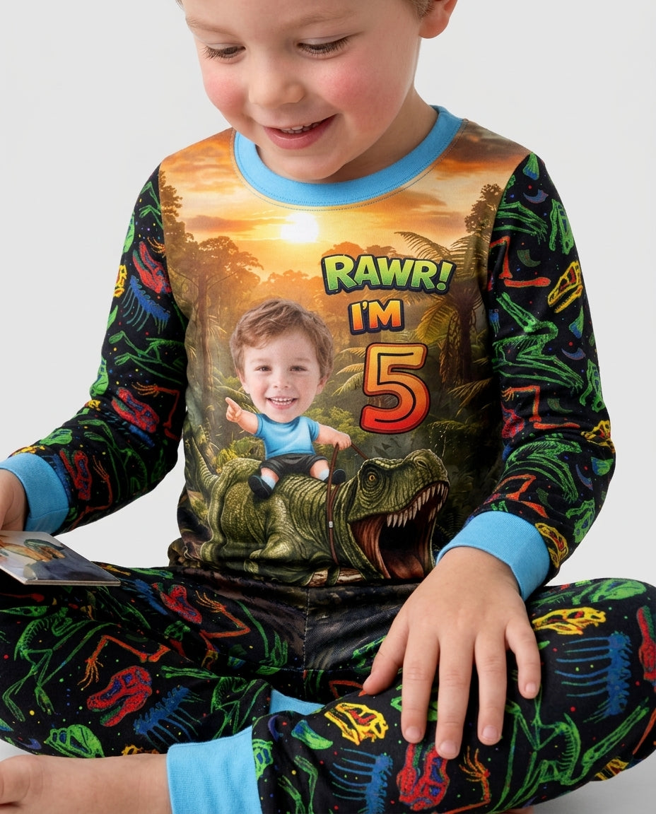 Custom Photo Dino Rawr Birthday Bamboo Two Piece Long Sleeve Pajama Set