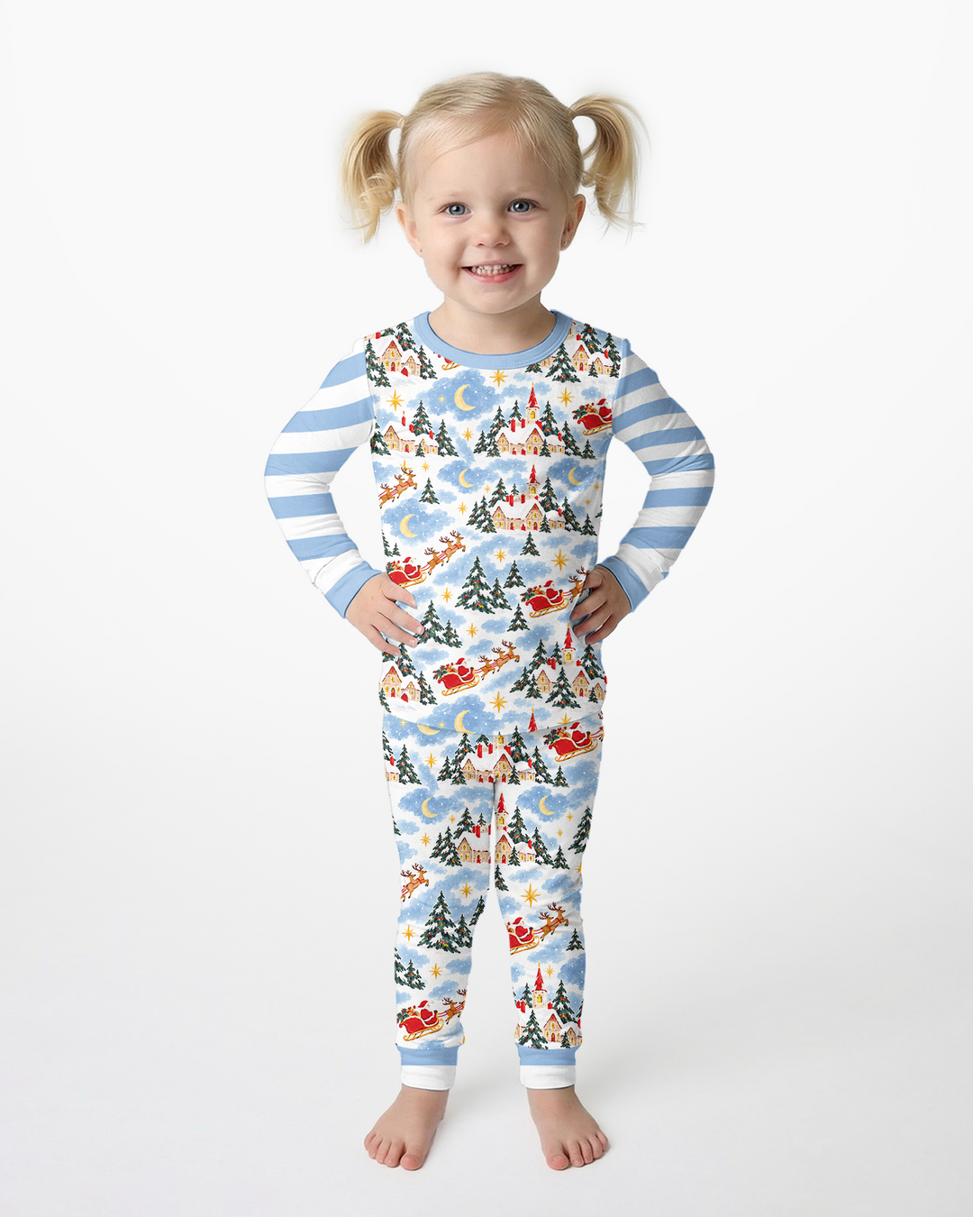 Whimsical Santa's Winter Village Bamboo Two Piece Long Sleeve Pajama Set