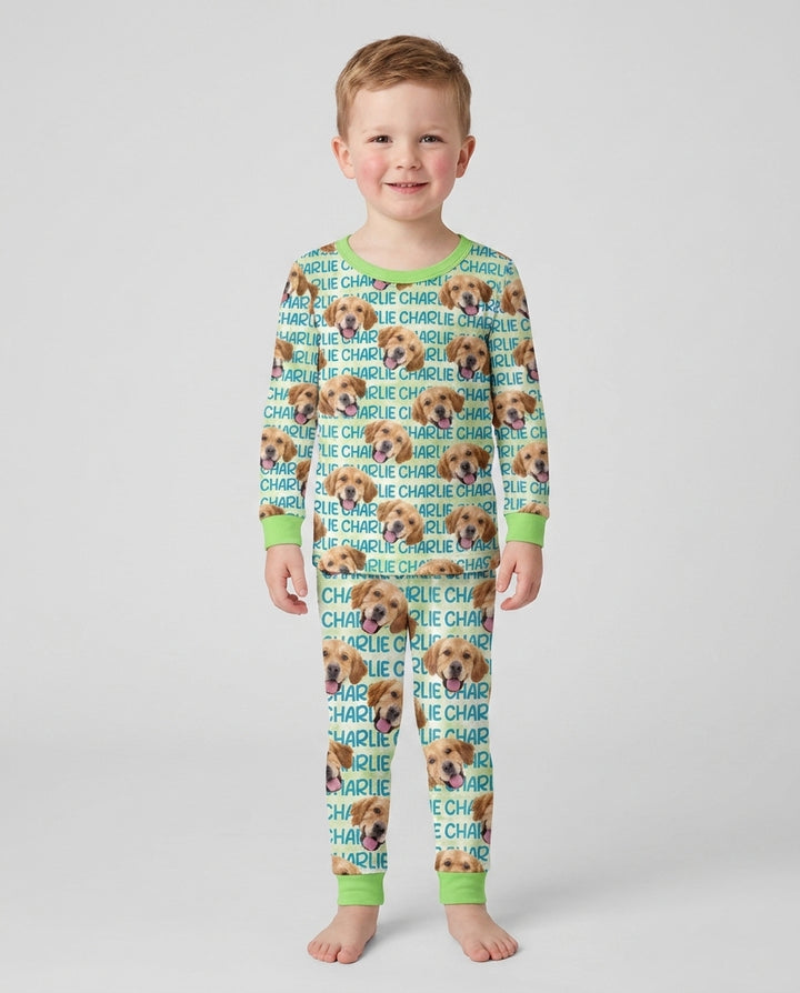 Custom Pet Photo With Name Watercolor Bamboo Two Piece Long Sleeve Pajama Set