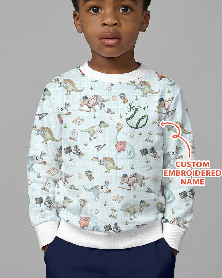 Custom Embroidered Dinosaurs Baseball  Bamboo Crewneck Sweatshirt