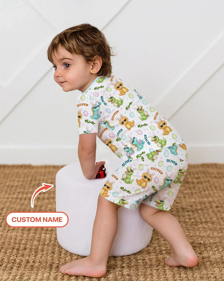 Custom Name Dinosaur on the Hunt Bamboo Two Piece Short Sleeve Shorts Pajama Set