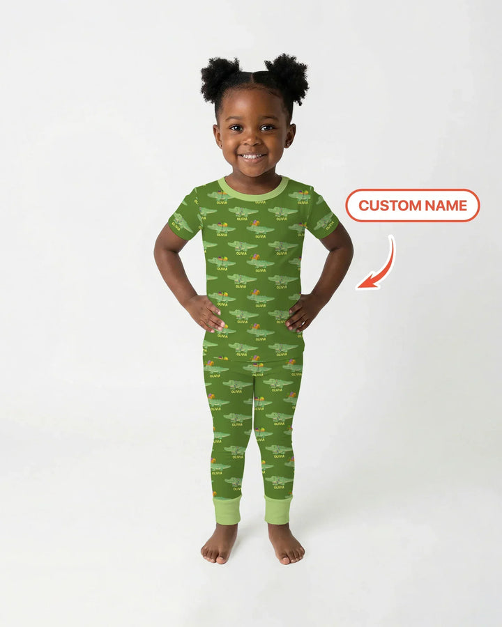 Custom Name Mardi Gras Gator Bamboo Two Piece Short Sleeve Pajama Set