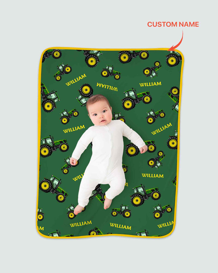 Custom Name Green Tractors Matching Daddy & Me Bamboo Blanket