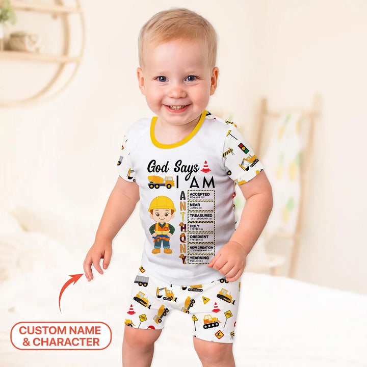 Custom Name God Says I Am Little Builder Letter in Bible Bamboo Two Piece Short Sleeve Shorts Pajama Set