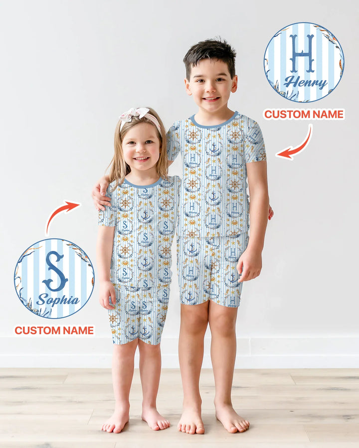 Bon Voyage Custom Name Bamboo Two Piece Short Sleeve Shorts Pajama Set