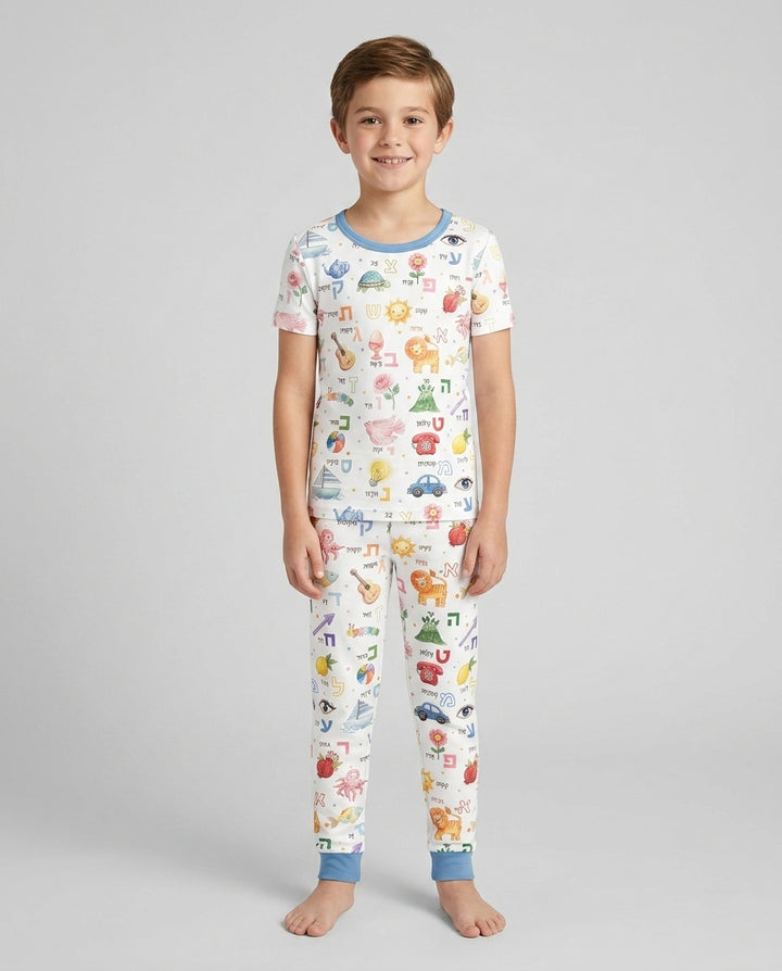 Hebrew Aleph Bet Bamboo Two Piece Short Sleeve Pajama Set