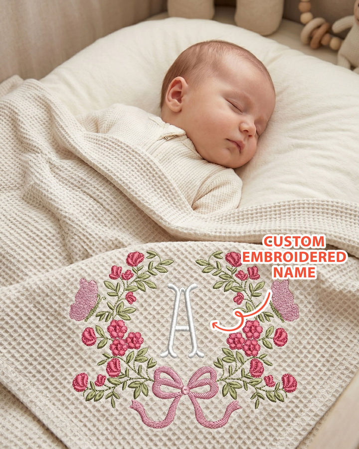 Personalized Flower Wreath Embroidered Waffle Bamboo Blanket