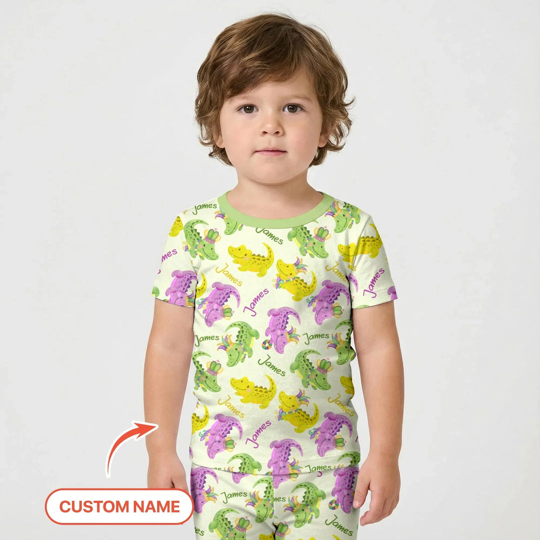 Custom Name Mardi Gras Alligator Bamboo Two Piece Short Sleeve Shorts Pajama Set