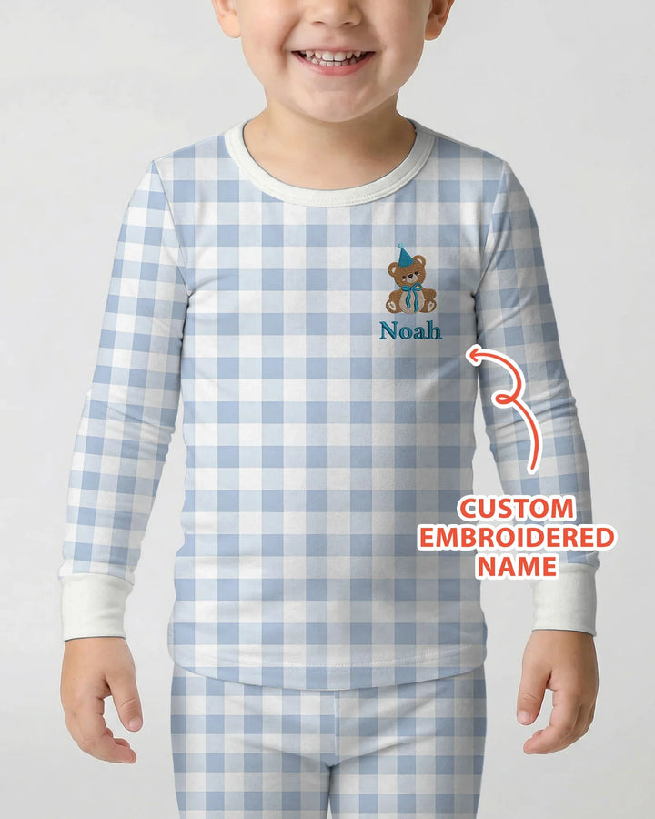Custom Embroidered Name Birthday Teddy Bamboo Two Piece Long Sleeve Pajama Set