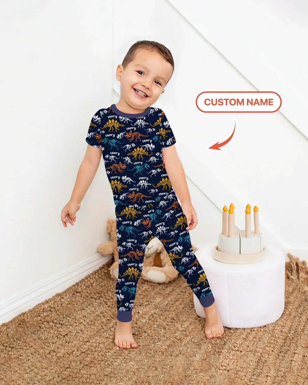 Dino Bones Parade Custom Name Bamboo Two Piece Short Sleeve Pajama Set