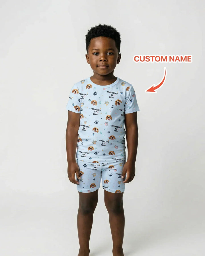 Custom Dogs Photo "Protected By" Bamboo Two Piece Short Sleeve Shorts Pajama Set