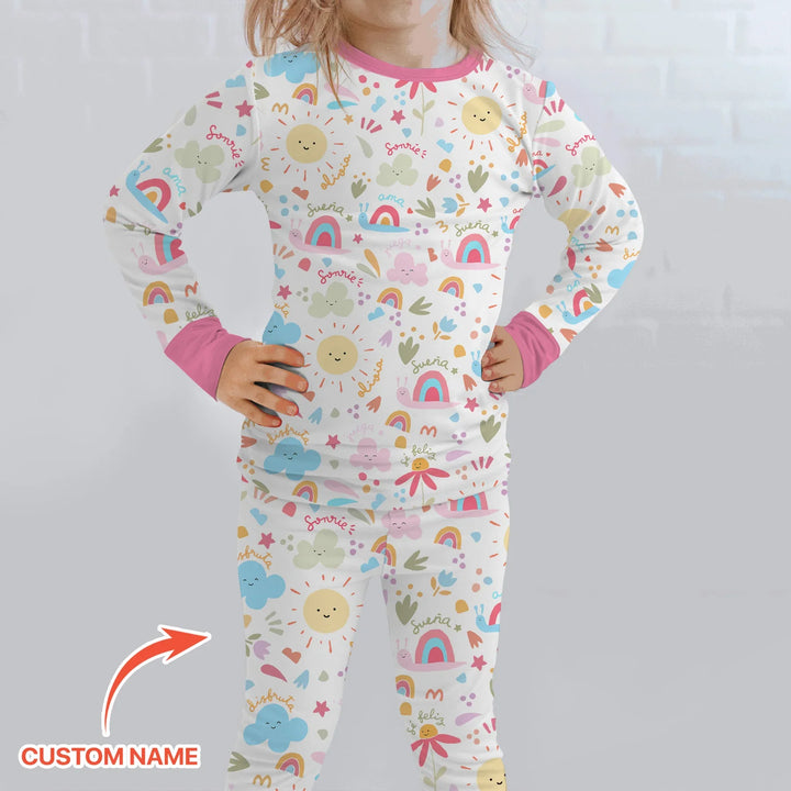 Custom Name Positive Spring Garden Bamboo Two Piece Long Sleeve Pajama Set
