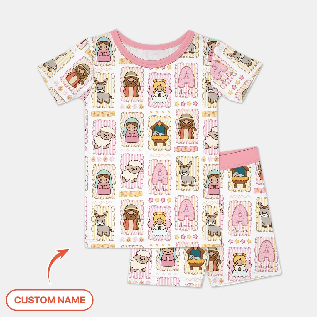 Custom Name Christmas Nativity Bamboo Two Piece Short Sleeve Shorts Pajama Set