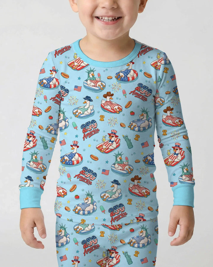 250 America Patriotic Goose Family Matching Bamboo Two Piece Long Sleeve Pajama Set