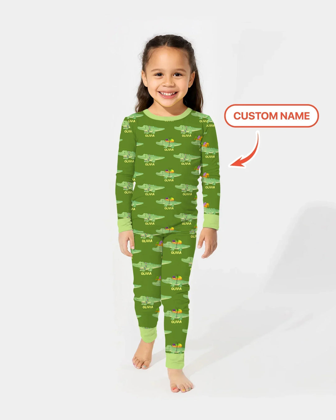 Custom Name Mardi Gras Gator Bamboo Two Piece Long Sleeve Pajama Set