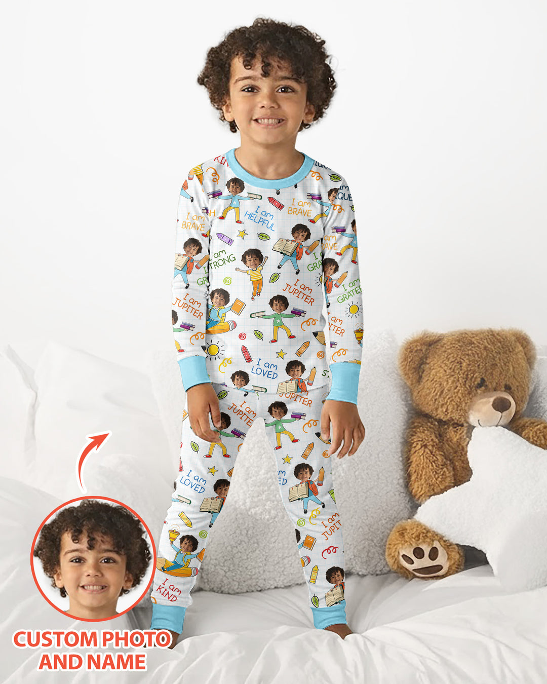 Custom Photo Kid Affirmations I Am Kind Bamboo Two Piece Long Sleeve Pajama Set