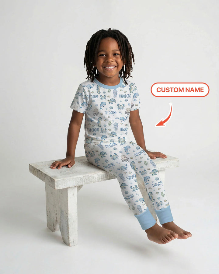 Custom Name Ocean Friends Bamboo Two Piece Short Sleeve Pajama Set
