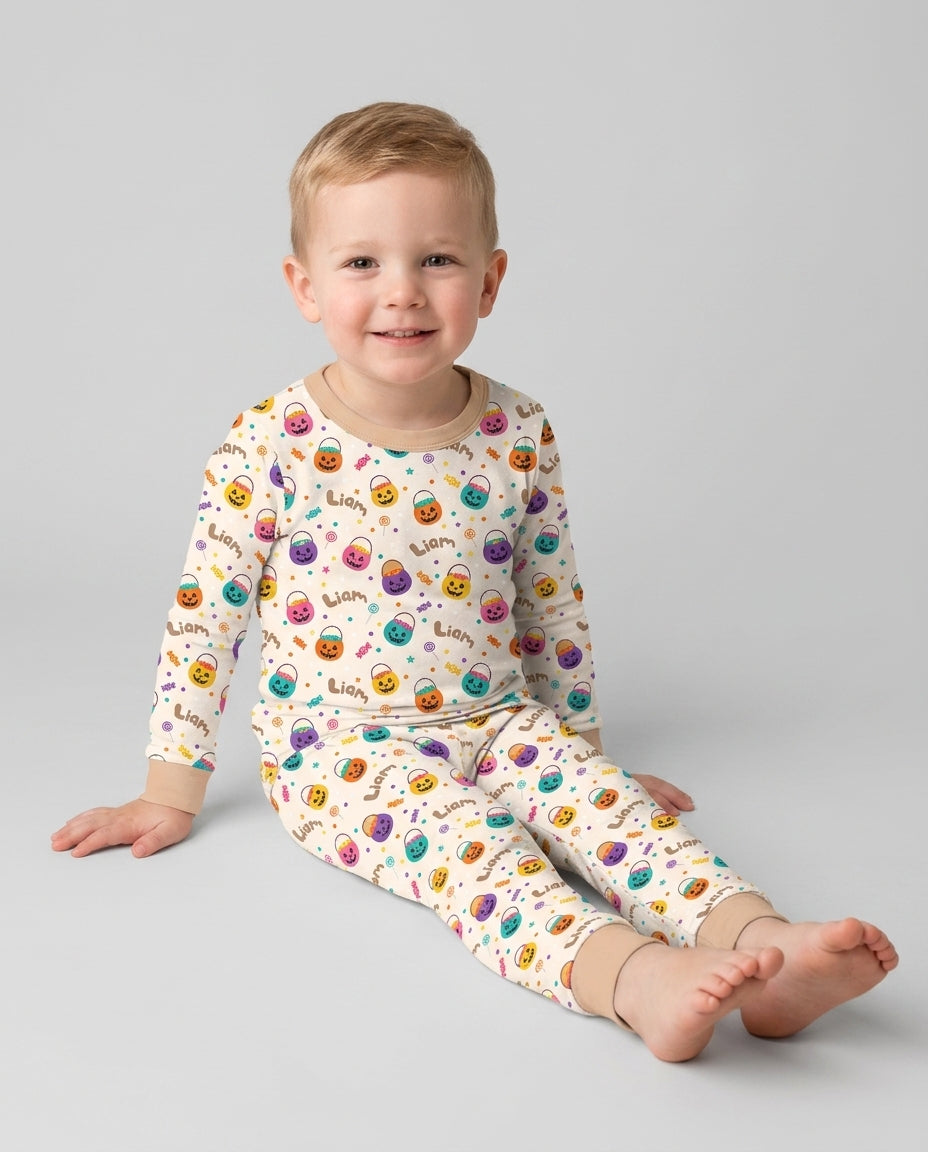 Custom Colorful Trick Or Treat Halloween Candy Bag Bamboo Two Piece Long Sleeve Pajama Set