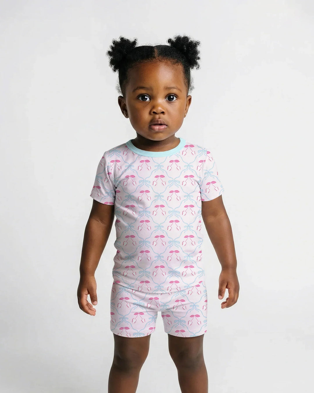 Cherry Baseball Softball Mom and Girl Matching Bamboo Two Piece Short Sleeve Shorts Pajama Set