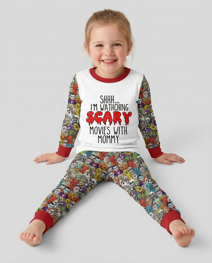 Personalized Shhh... I'm Watching Scary Movies With MOMMY Bamboo Two Piece Long Sleeve Pajama Set