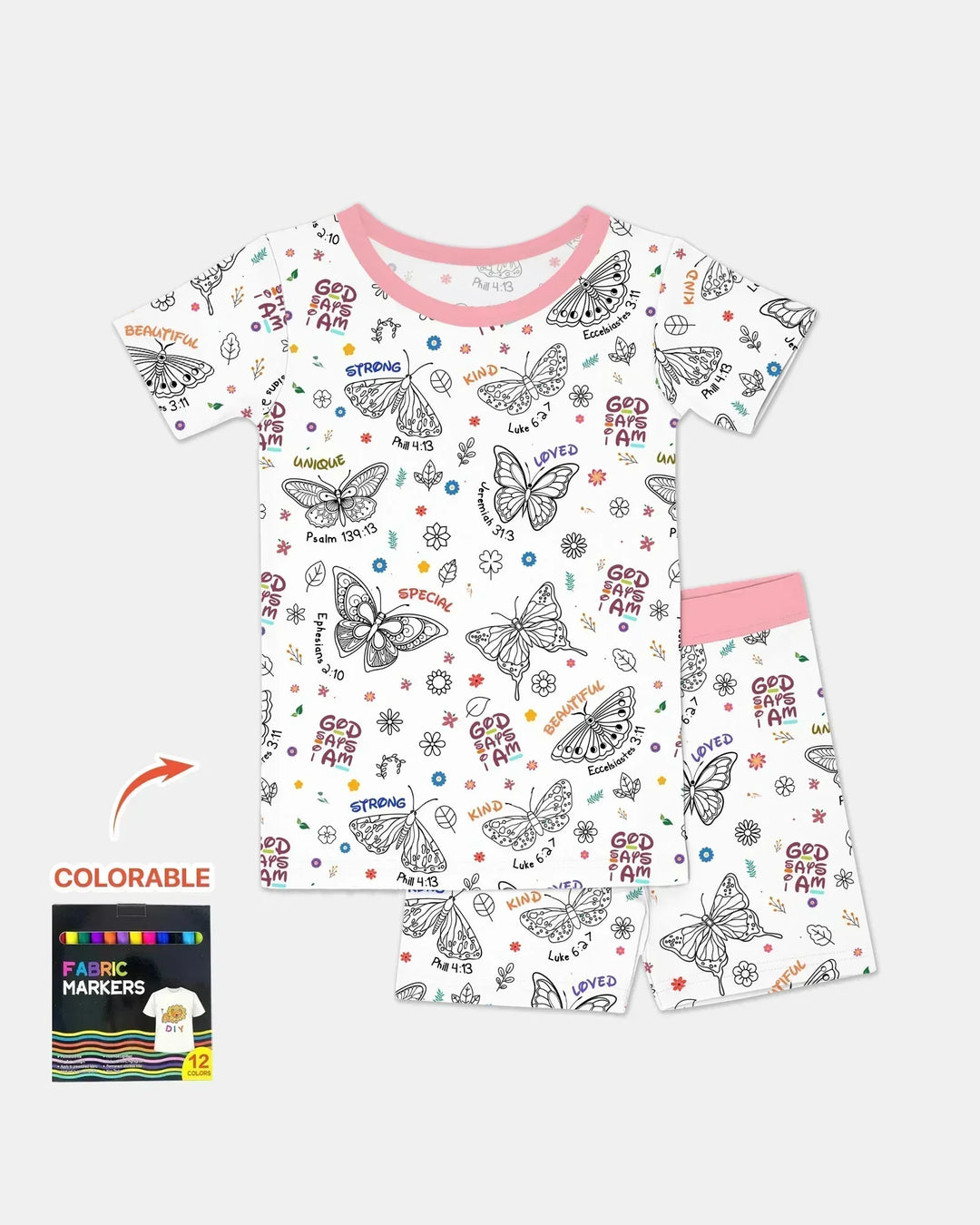 Colorable God Says I Am Butterfly Bamboo Two Piece Short Sleeve Shorts Pajama Set