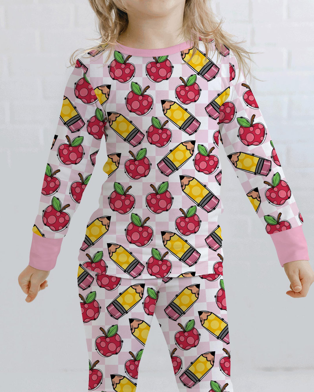Checkered Apple Scribbles Bamboo Two Piece Long Sleeve Pajama Set
