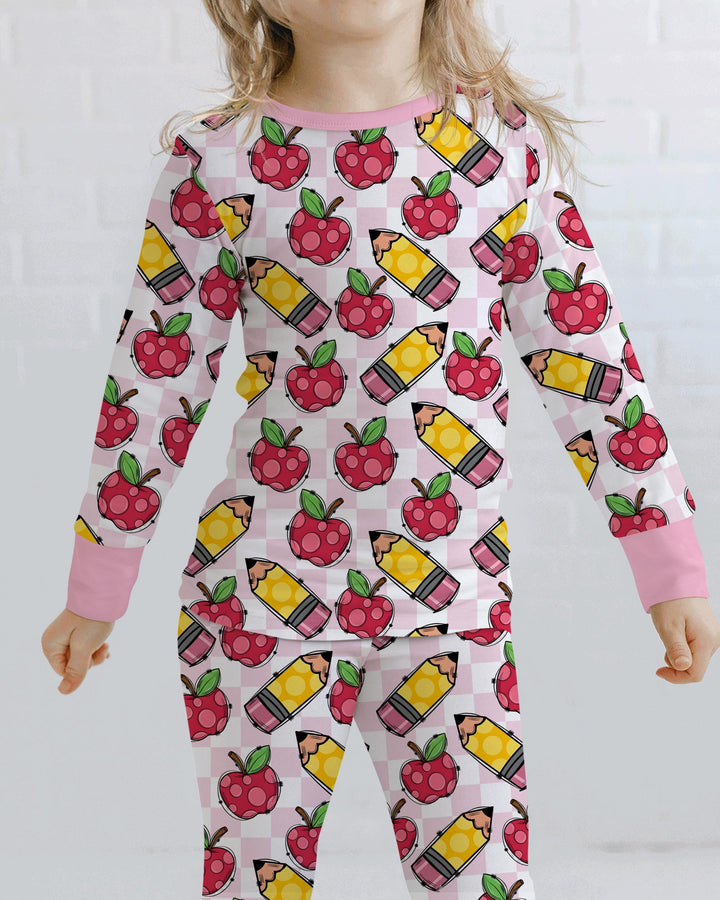 Checkered Apple Scribbles Bamboo Two Piece Long Sleeve Pajama Set
