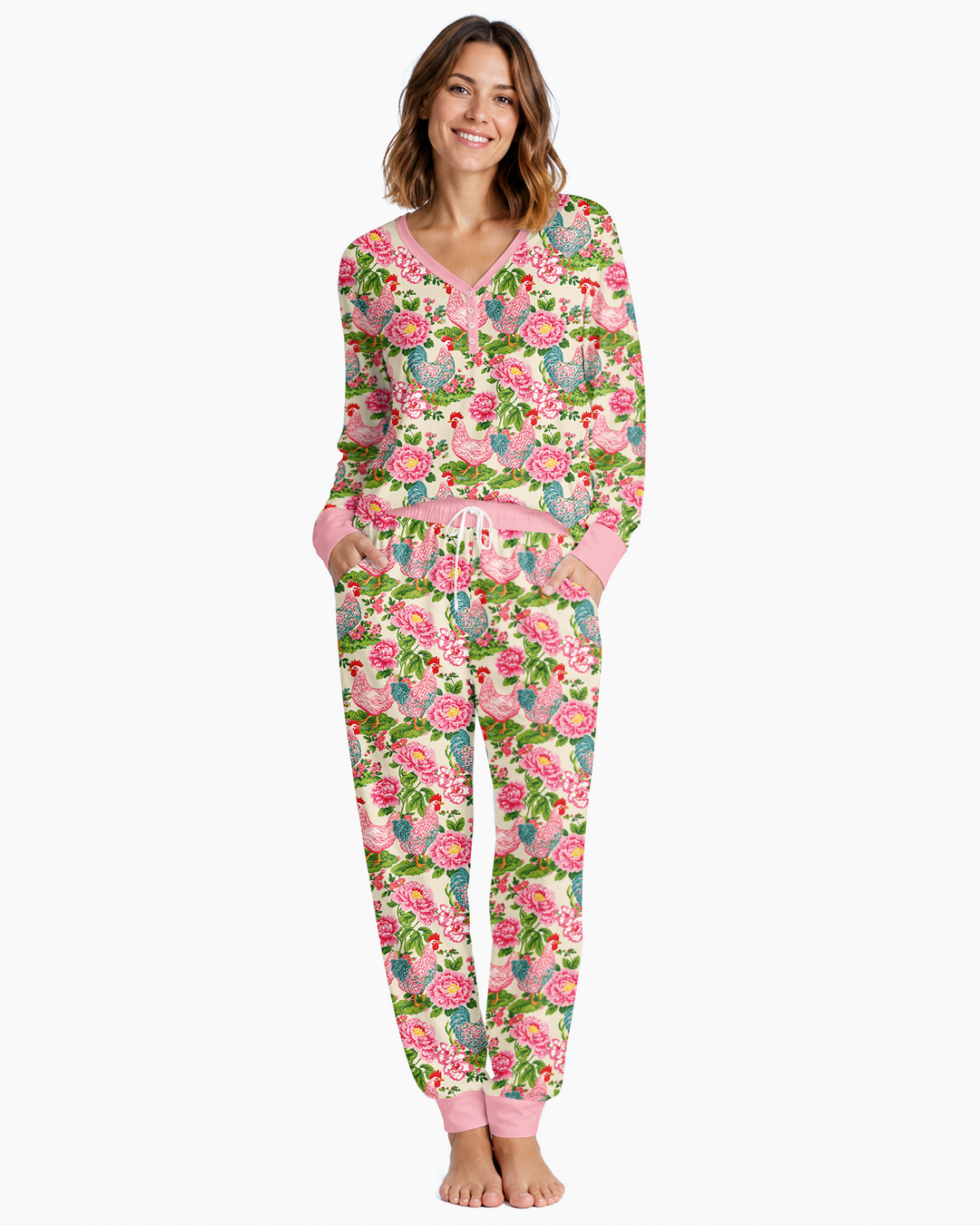 Chicken and Peony Mommy And Me Matching Bamboo Women Pajama Set