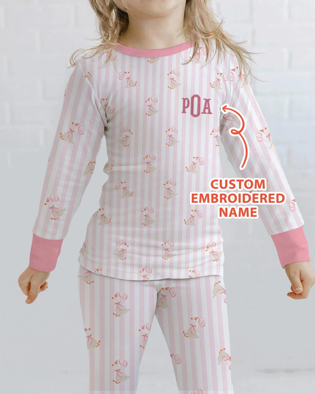 Custom Name Embroidered Birthday Girl Bamboo Two Piece Long Sleeve Pajama Set