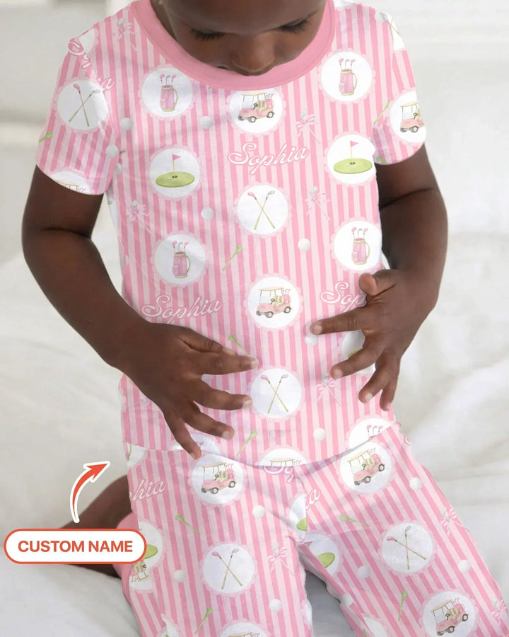 Custom Name Pink Golf Girl Bamboo Two Piece Short Sleeve Pajama Set