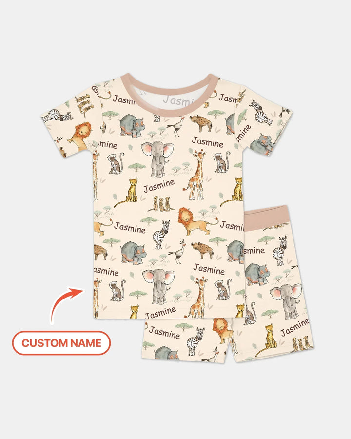 Safari Friends Custom Name Bamboo Two Piece Short Sleeve Shorts Pajama Set
