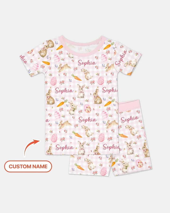 Custom Name Bunny Garden Bamboo Two Piece Short Sleeve Shorts Pajama Set