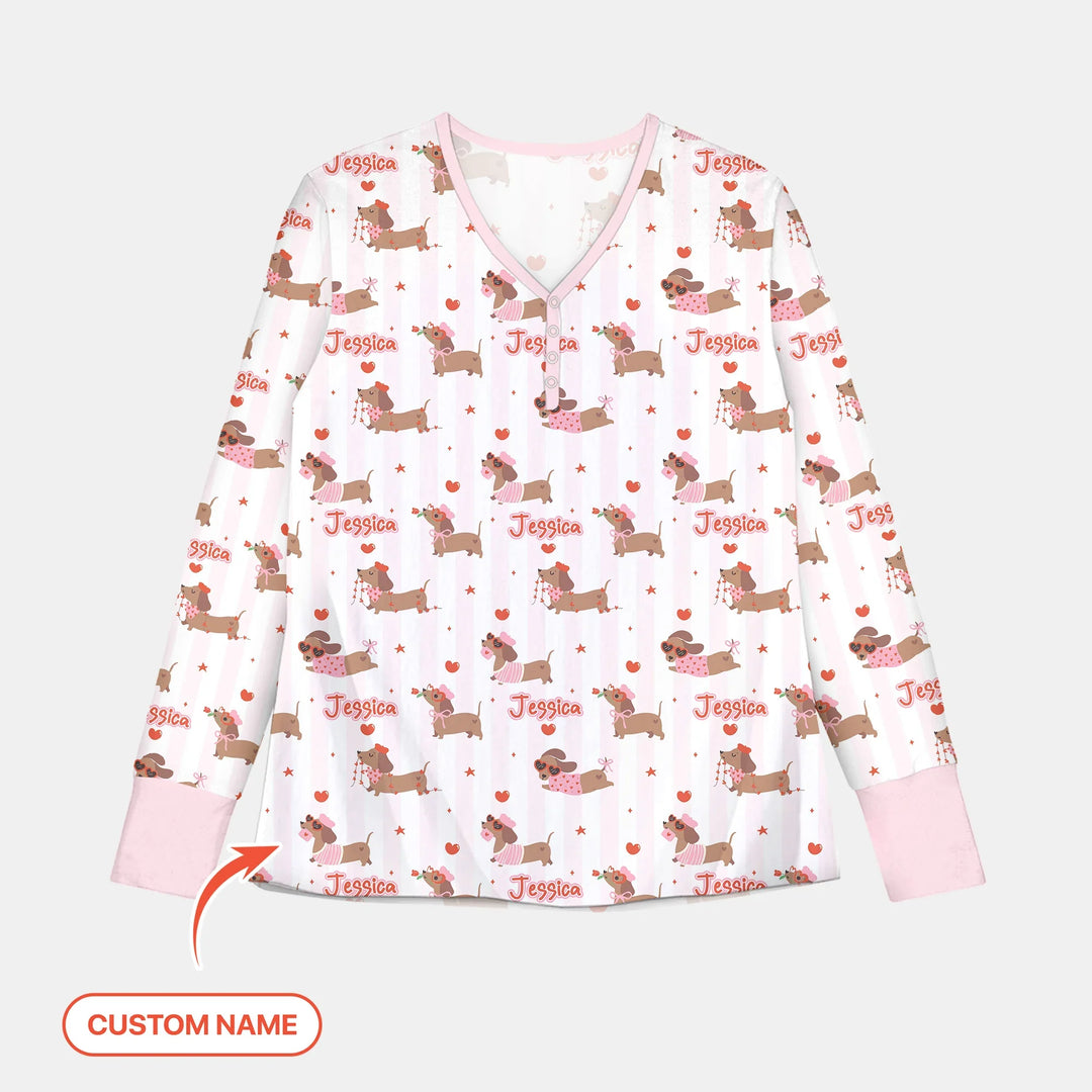 Custom Name Valentine Dachshund Family Matching Bamboo Women Pajama Set For Christmas