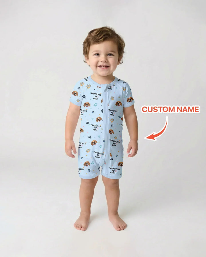 Custom Dog Photo Pattern "Protected By" Bamboo Shorty Zippered Romper