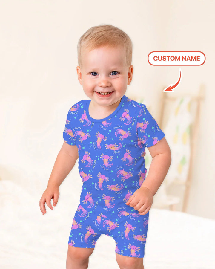 Axolotl Glow Custom Name Bamboo Two Piece Short Sleeve Shorts Pajama Set