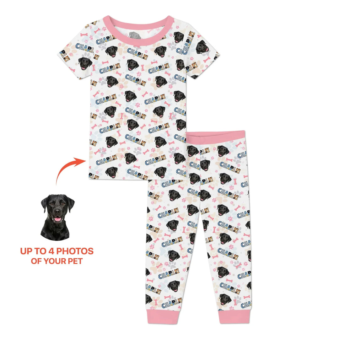 Custom Name Doodle Letters Blue Dog Bamboo Two Piece Short Sleeve Pajama Set