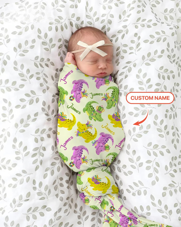 Custom Name Mardi Gras Alligator Bamboo Swaddle Blanket