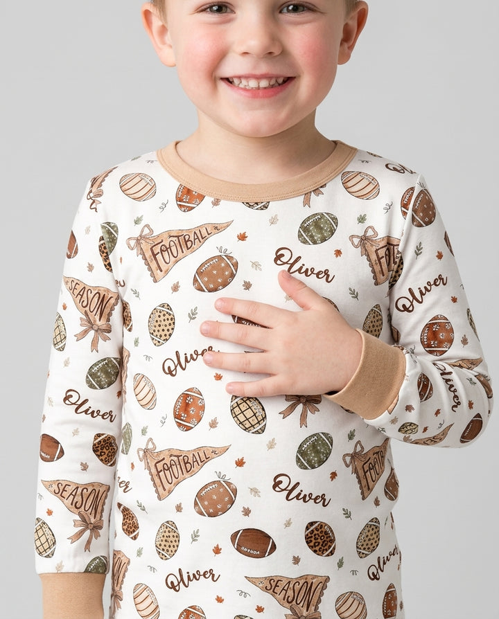 Custom Name Football Fall Season Bamboo Two Piece Long Sleeve Pajama Set