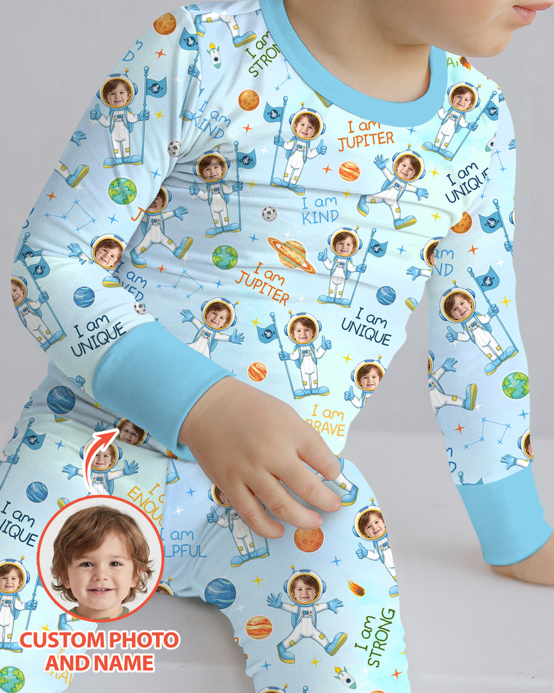 Custom Photo Kid Affirmations I Am Kind Astronaut Bamboo Two Piece Long Sleeve Pajama Set